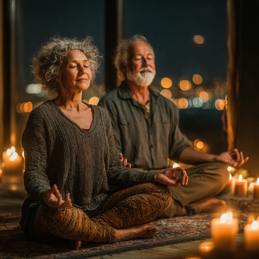 Жінка практикує йогу на світанку