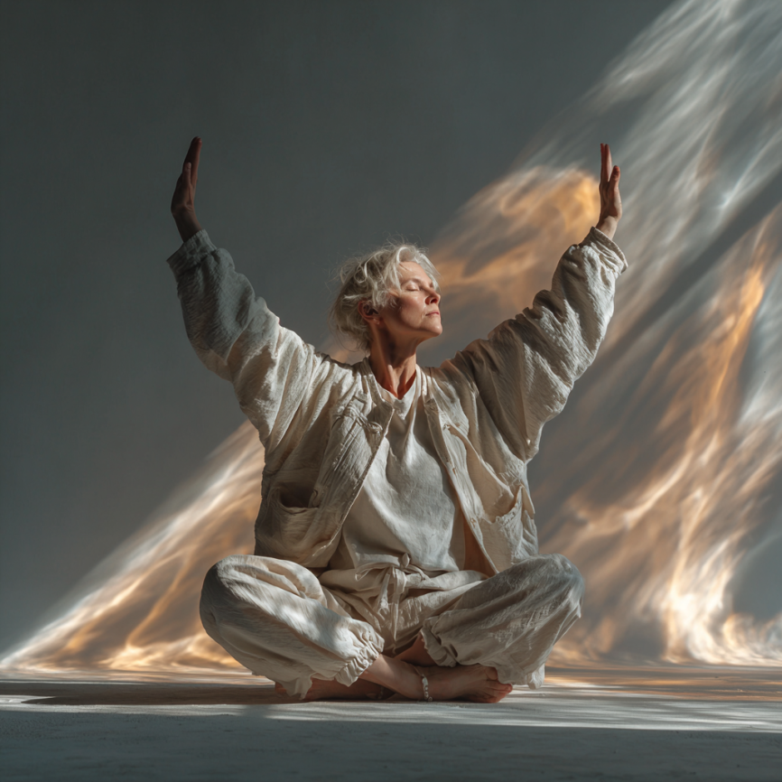 Група людей різного віку на занятті йогою